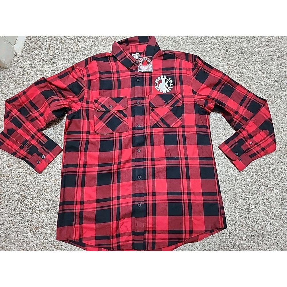 Made In Detroit Mens‎ Flannel Shirt Red Black Plaid Graphic Logo Size L New NWT